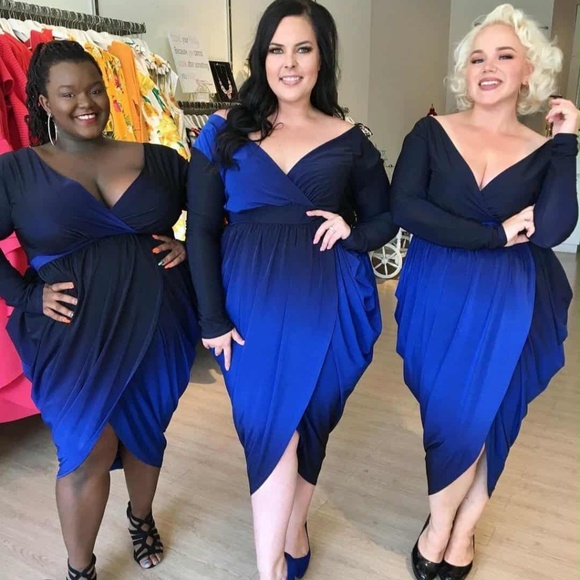 Sexy Diva Plus-Size Blue Ombre Tulip Skirt Wrap Top Dress, Black & Blue, Size 3x - Picture 3 of 3